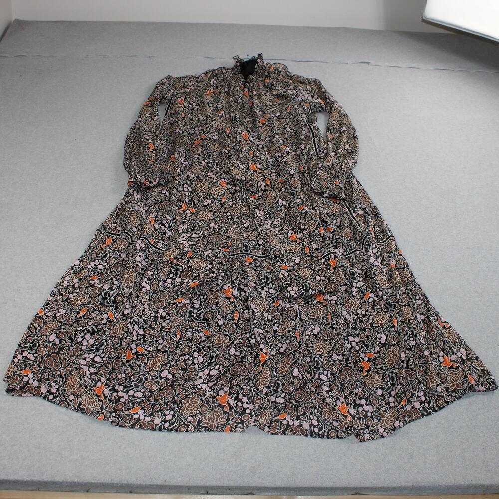 ME+EM Dress Women 12 Black Floral Bird Maxi Ruffle High Neck Pockets Boho Long